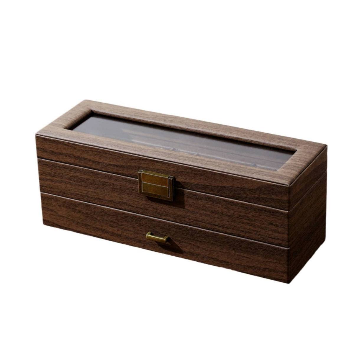 6-Slot Watch Display Case with Glass Lid Tabletop Watch Box with Drawer Clear Jewelry Drawer Organizer Safeguarding for Boutique