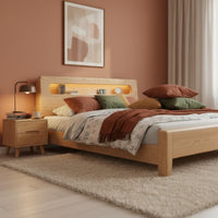 Minimalist Wooden Bed Frame Mortise and Tenon Joinery Solid Wood Bed with Storage Headboard for Guest Room