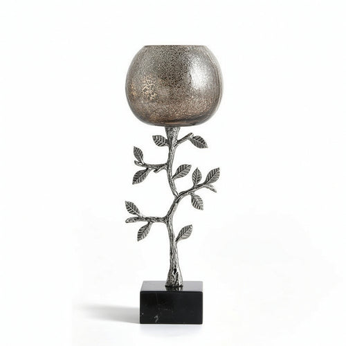Candle Holder with Marble Base Silver-Toned Sculptural Candle Holder Textured Glass Candlestick for Dining Table, Sideboard