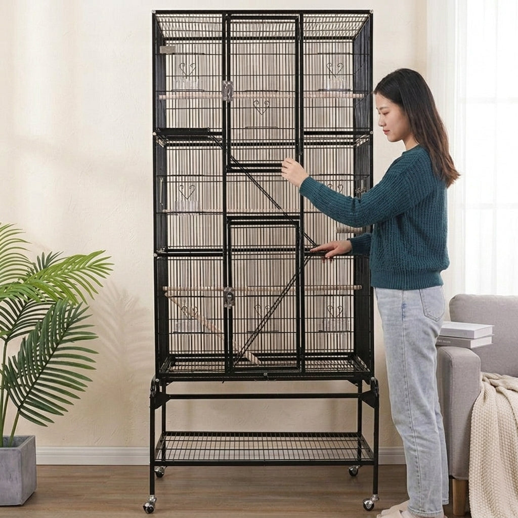 Extra Large Bird Cage Parrot Cage with Rolling Stand, Tall Cockatiel Cage with 6 Perches, Spacious Indoor Breeding Habitat with Storage Shelf