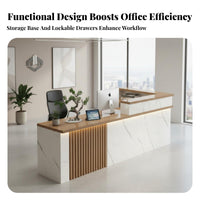 L-Shaped Front Counter High-Gloss Varnished Finish Commercial Cashier Desk Sturdy Construction L-Shaped Reception Desk for Receptionists, Lobby