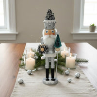 Solid Wood 42cm Wooden Nutcracker Artisan-Made Silver Glitter Nutcracker Holiday Decoration for Collectors, Mantelpiece, Home Decor, Tabletop
