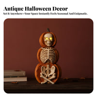 Spooky Skeleton Pumpkin Statue | Distressed Vintage Look, Halloween Tabletop Ornament with Light-up Eyes, Compact Freestanding Design, for Entryway