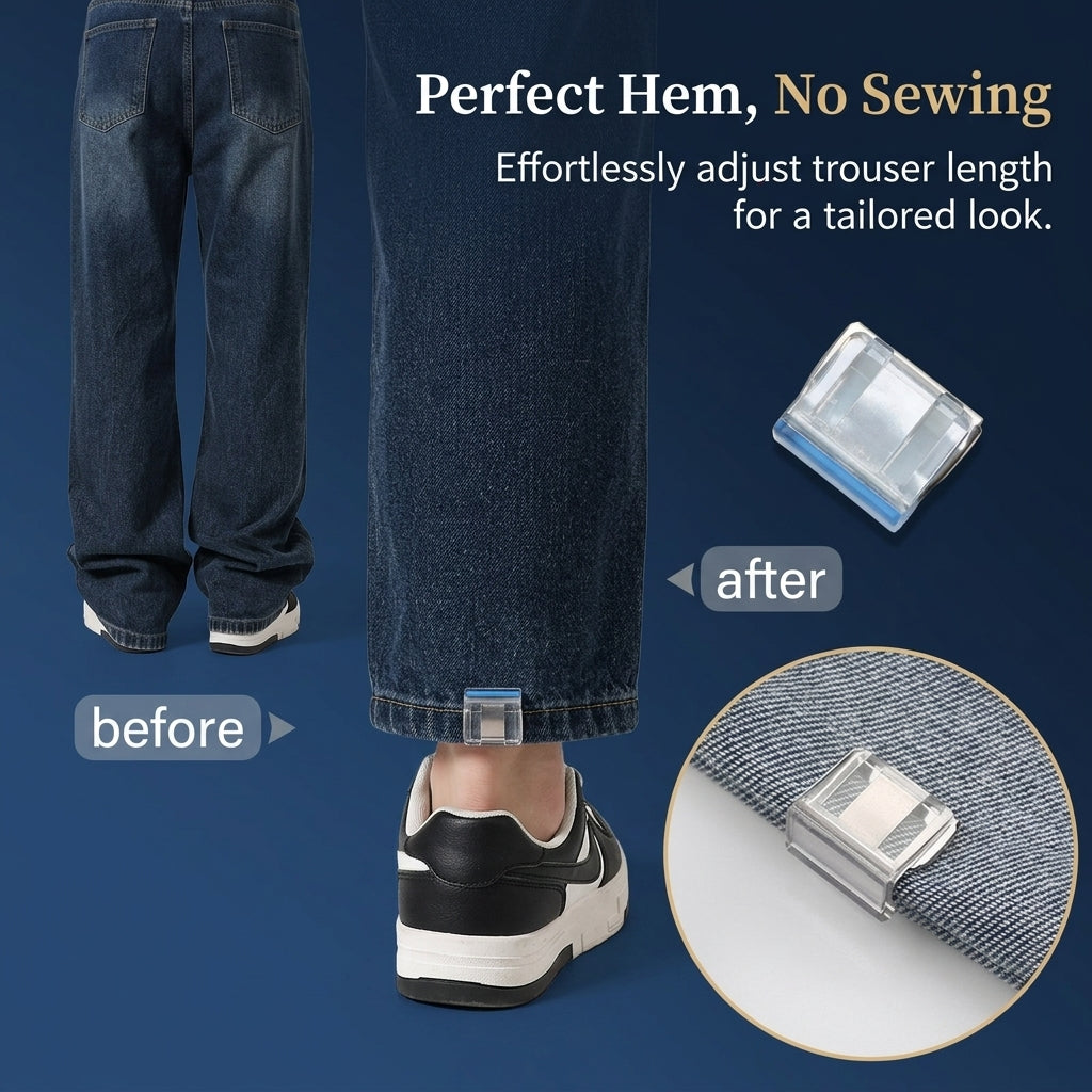 Invisible No-Sew Pant Hem Clip Adjustable Leg Shortener, Universal Fastener for Long Alteration, Chain Style Adjuster