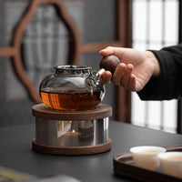 Walnut Wood Tea Warmer with Glass Teapot and Candle Heating Base
