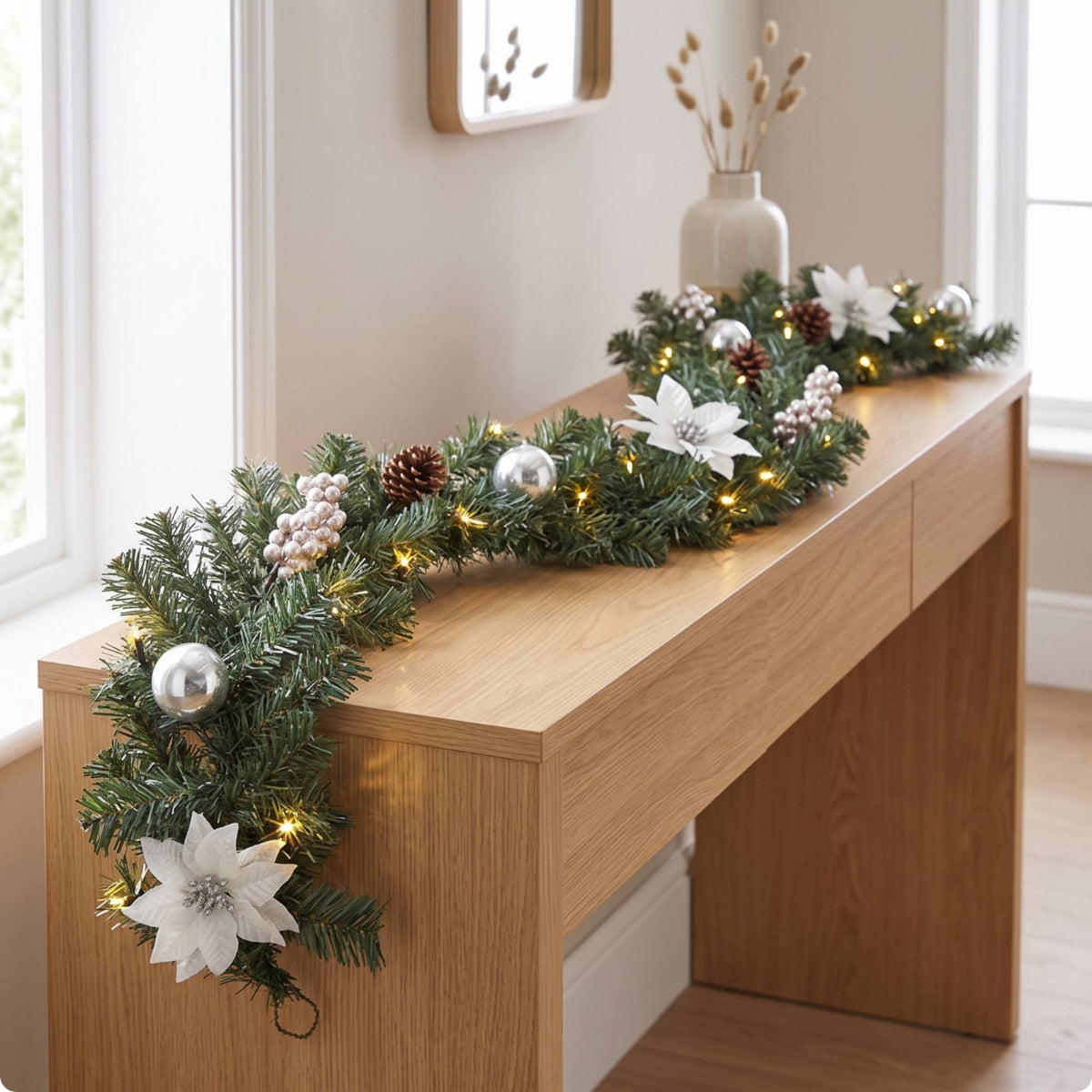 Lighted Artificial Christmas Garland Conifer Christmas Garland with Pinecones Faux Vine for Mantel, Staircase, Doorway
