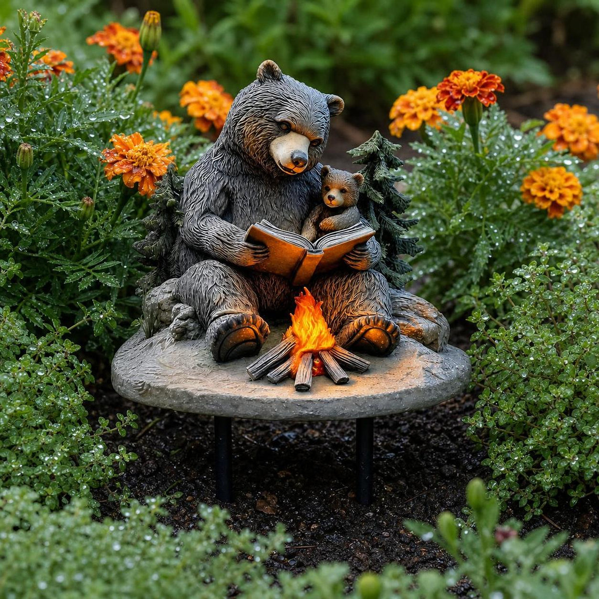 Creative Black Bear Reading by Fire Garden Stake Decoration