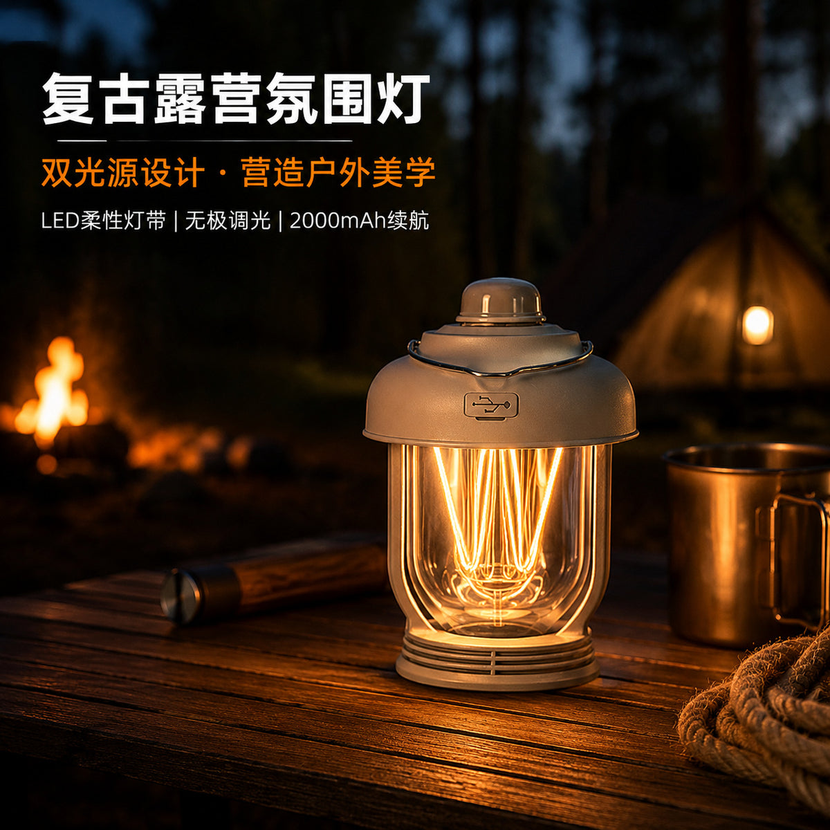 Outdoor Camping Lantern with Waterproof, Portable, Dimmable, Hanging Retro Design