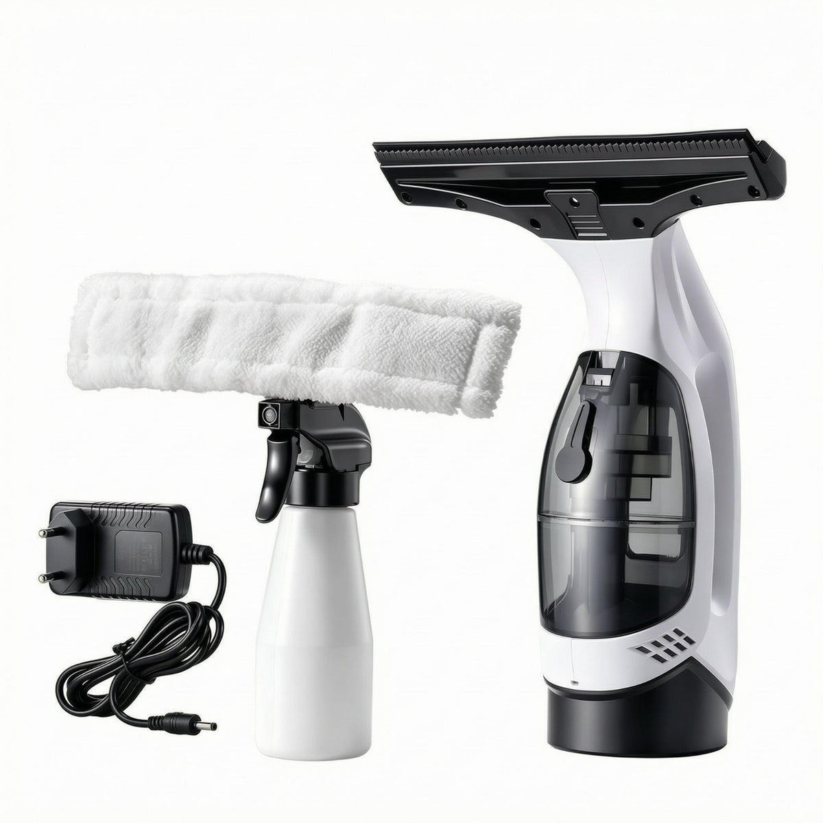 Transparent Tank Electric Window Cleaner Microfiber Cloth Window Vacuum Squeegee Rubber Blade Glass Cleaning Kit Curved Handle