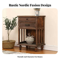 End Table with Drawer and Basket Distressed Finish Bedside Cabinet for Students