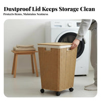 Wheeled Laundry Cart with Lid Faux Rattan Design Rolling Laundry Cart for Adults