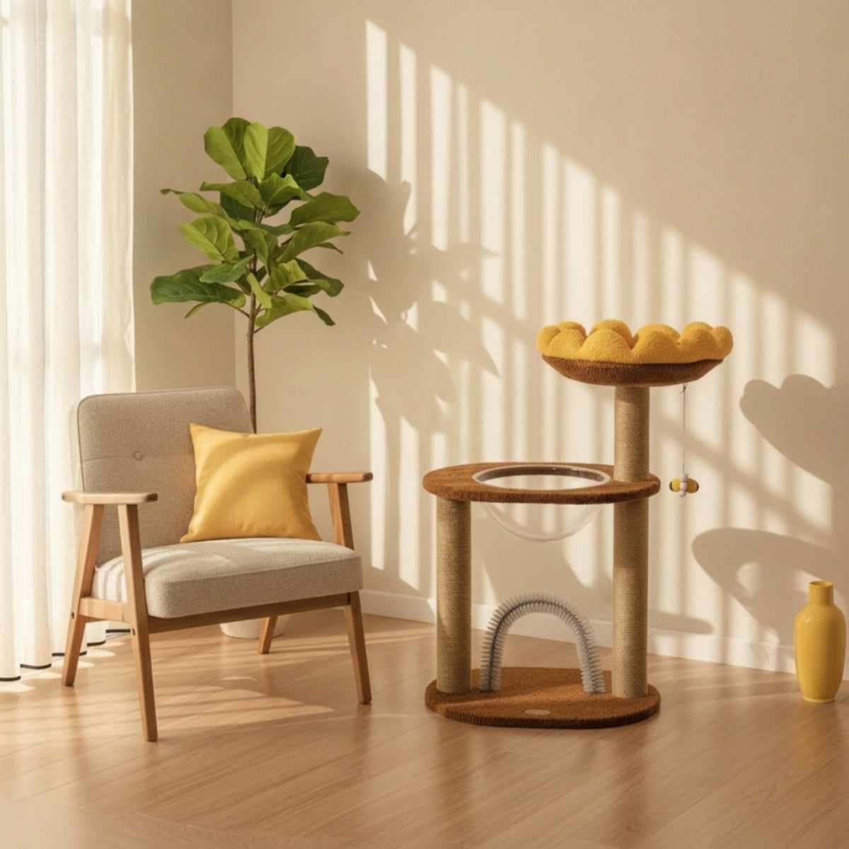 Sunflower Cat Tree with Space Capsule Condo, Wooden Tower