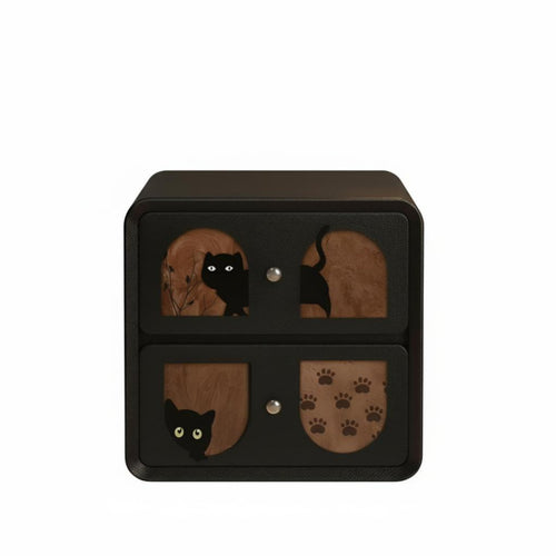 Retro Bedside Table, solid wood, double drawer storage, bedroom, cat motif, creative Chinese style