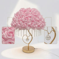 Rose Lamp with Crystal Strands Romantic Heart Lamp with Crystal Pendant Warm Glow Floral for Girls, Bedroom, Nightstand