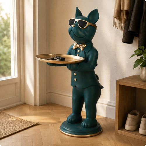 Floor Standing Dog Sculpture Gilded Detail Canine Attendant Statue Resin Material Statue Tray for Entryway, Living Room