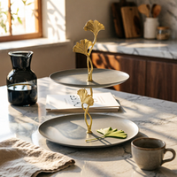 Two-Tier Tray Stand Stainless Steel Serving Stand,with Ginkgo Leaf Elegant Platter for Hosts