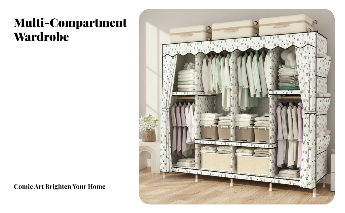 Zipper Closure Wooden Frame Cloth Wardrobe Sturdy Construction Portable Wardrobe Closet Dustproof DIY Assembly Closet Heavy Duty for Students, Families, Dorm Room, Apartment, Rental Home, Entryway