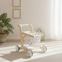Wooden Push Cart with Basket Imaginative Play Shopping Cart Toy Energetic Infant Push Pusher for Kids, Nursery