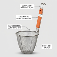 Stainless Steel Frying Basket with Wooden Handle, Round Mesh Strainer for Noodles, Skimmer for Deep Home Cook Kitchen