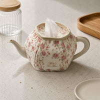 Floral Teapot Tissue Box Printed Text Home Decor Rounded Body