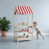 Striped Awning Children's Book and Toy Organizer Natural Wood House-Style Shelf Freestanding Children's Toy Rack Accessible Design