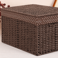 Paper Rope Storage Basket with Lid, 38x26x25cm Woven Rectangular Hamper, Plaid Lined for Living Room & Kids Bedroom
