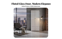 Formaldehydeformaldehyde-safe Fluted Glass Door Wardrobe 2 Bottom Drawers Bedroom Furniture Large Capacity emission-Formaldehyde-Safestanding Closet Built-in Drawer for Children, Design lovers, Homeowners, Kids' Room, Apartment, Entryway