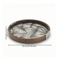 Round Wood Grain Tray Modern Tray with Metal Grips Polished for Living Room
