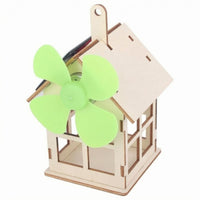 Natural Wood Solar Powered Wooden House Model Green Fan Wooden Model House Kit Pitched Roof Learning Toy Accessible Window Cutouts