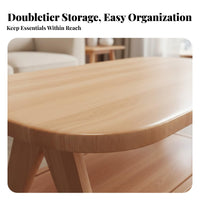 Elliptical Coffee Table Solid Wood Storage Drawers Oval Shape V-shaped Legs Space-saving Suitable for Families Living Room