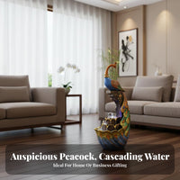 Peacock Floor Water Feature Indoor Fountain Resin Sculpture LED Waterfall Statue Tranquil Cascading Water Ornament Suitable for Entrance Living Room Office Clubhouse