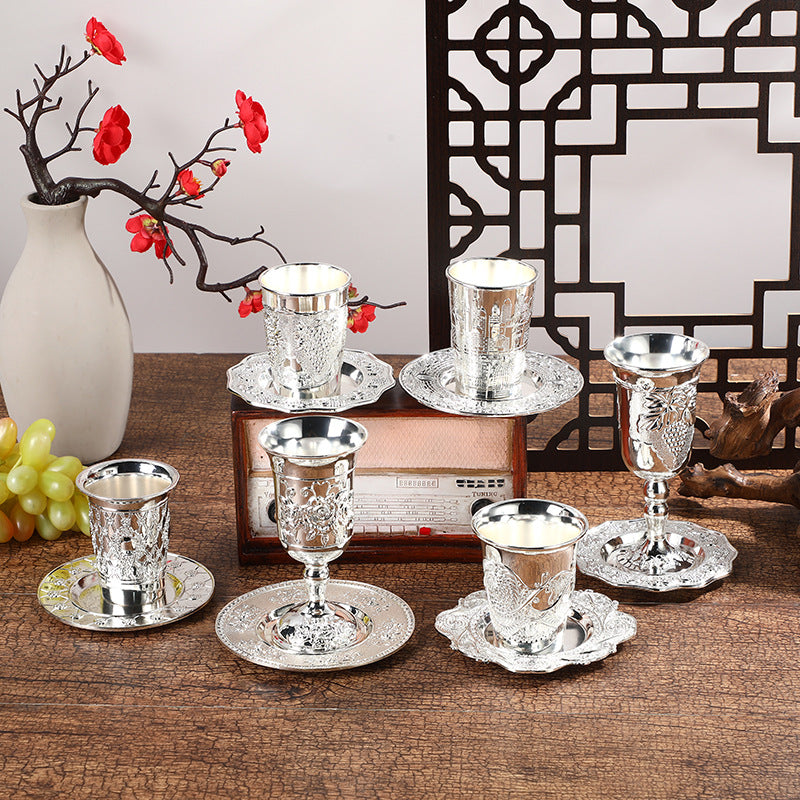 European Vintage Embossed Goblet and Tray Set