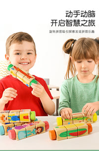 儿童木制旋转方块认知拼图婴幼儿宝宝早教益智力木质积木配对玩具
