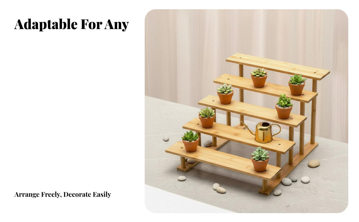 Space-Saving Stepped Wooden Rack Freestanding Multi-Level Display Riser Versatile Plant Stand Rustic Design for Office Workers, Retail Vendors, Balcony, Bay Window, Living Room, Kitchen Counter