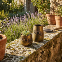 Vintage Embossed Metal Planter Open-Top Embossed Floral Planter Tapered Shape Rustic Flower Pot for Garden, Patio, Indoors