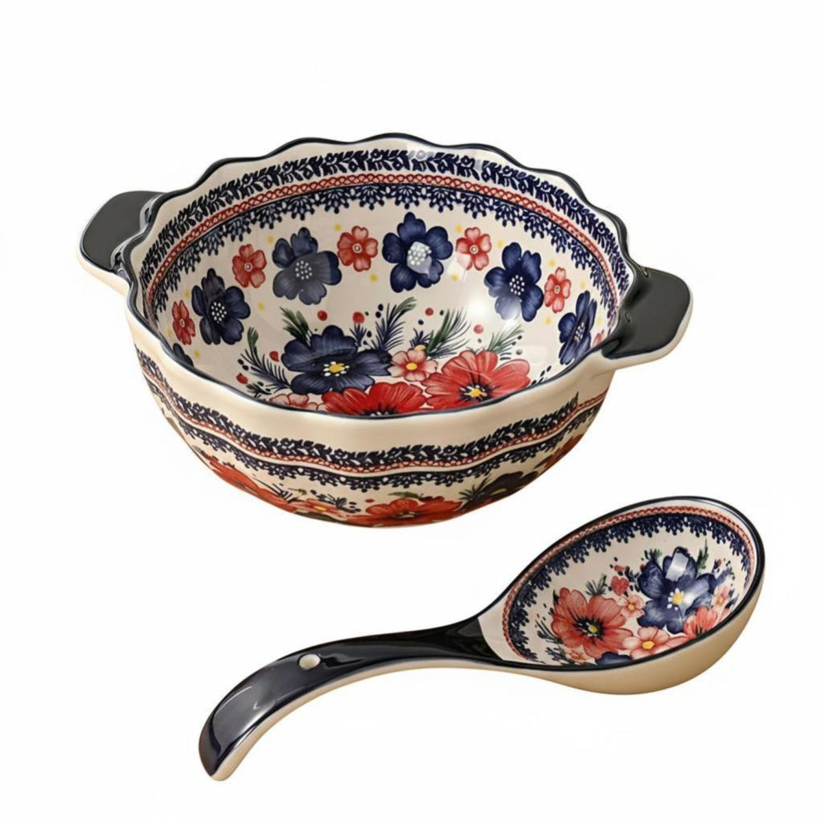 Double Handle Soup Pot, Polish Painted Ceramic Tableware, Underglaze Floral Pattern, Bohemian Vintage, Adult Dining