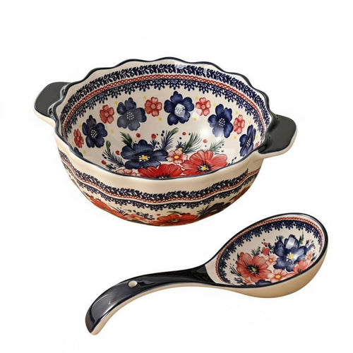 Double Handle Soup Pot, Polish Painted Ceramic Tableware, Underglaze Floral Pattern, Bohemian Vintage, Adult Dining