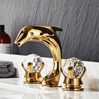 American-Style Three-Hole Basin Faucet, Brass, Gold Finish, Dolphin Design