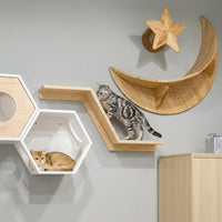Feline Wall Shelves with Moon Celestial Perch, 2-Pack Solid Wood Climbing Frame, Wall-Mounted Layout Concept for Indoor Felines DIY
