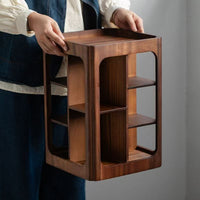 Walnut Rotating Four-Tier Desk Organizer for Cups and Saucers