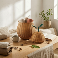 Pear Basket Natural Finish Lidded Wicker Basket Freestanding