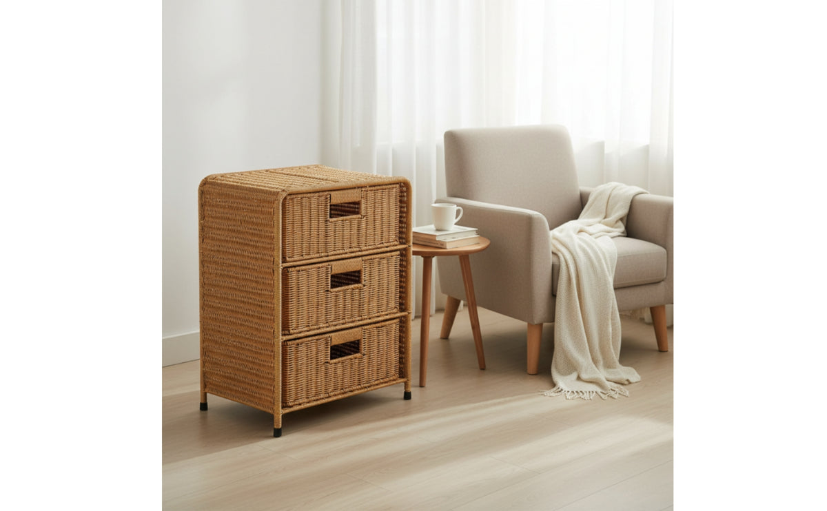 Rattan Bedside Cabinet Woven Nightstand with 3 Drawers Three-Drawer Nightstand for Bedroom