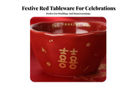 Chinese Red Double Happiness Ceramic Bowls & Plates Set, Wedding, Housewarming, Festive Tableware