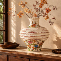 Hand-Painted Floral Vase Wavy Ridges Home Decor Rustic Design