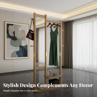 Standing Coat Rack with Mirror Wooden Clothes Stand Storage Organizer Garment Rack Combination with Shelves and Hooks Space-saving Function Suitable for Renters Adults Entryway Bedroom Apartment