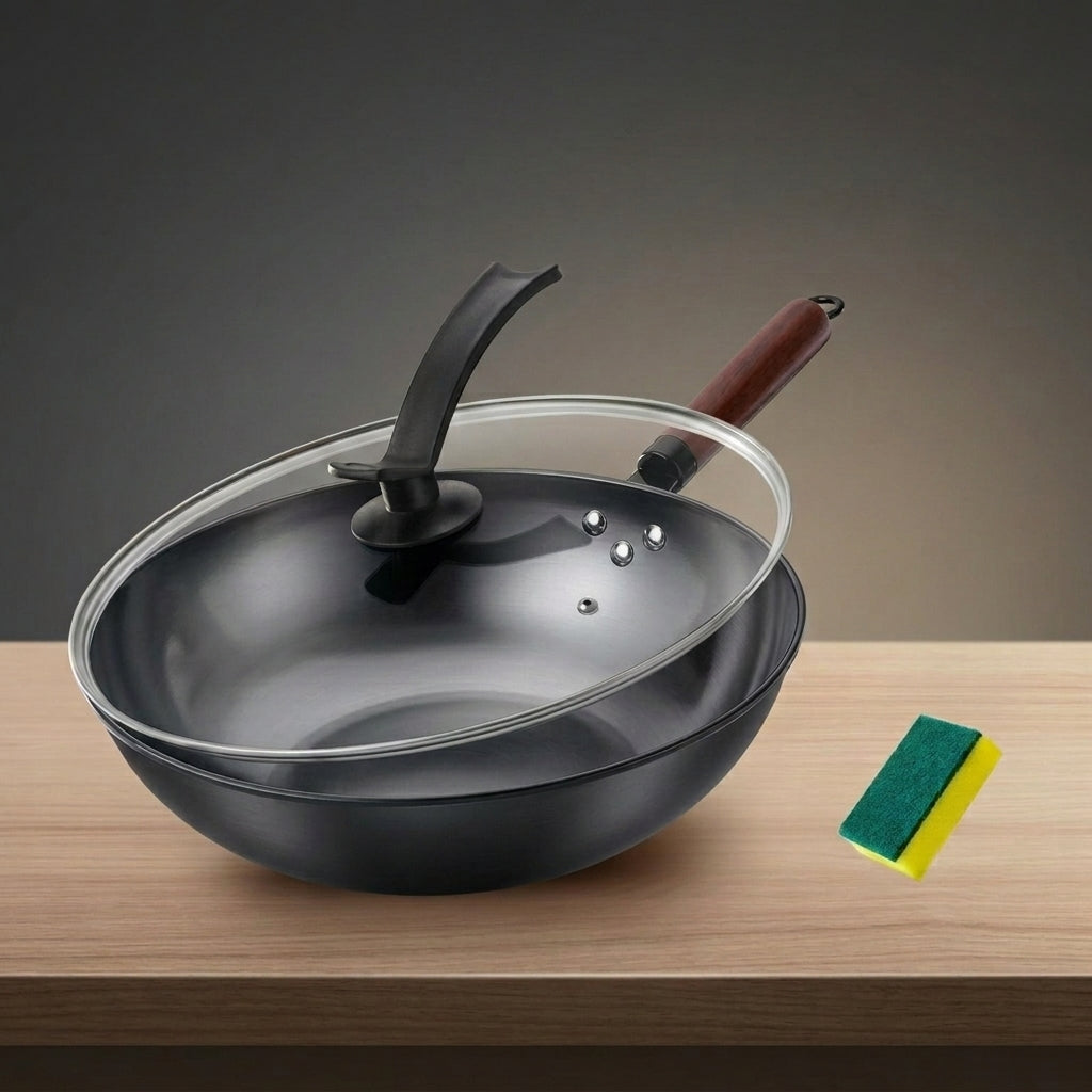 Frying Pan for Induction Hob and Stir Fry, Uncoated Cast Iron Wok with Lid for Home Cooking, Easy to Use Wooden Handle, Induction Wok Fry Pan