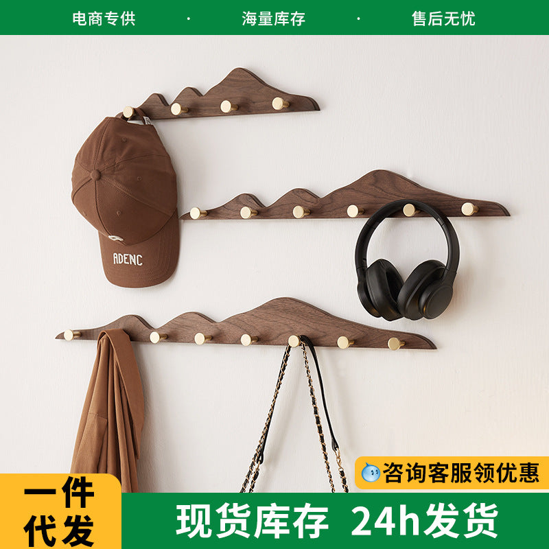 Creative Wooden Wall Hook Rail with Adhesive Strips, No Drilling, for Bags and Hats, 4 Hooks