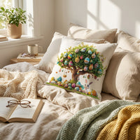 Easter Cushion Cover Linen Rabbit & Egg Tree Pattern, Decorative Throw Pillow Case with Invisible Zip, Farmhouse Spring Home Decoration for Sofa Couch Living Room Bedroom (45cm x 45cm)