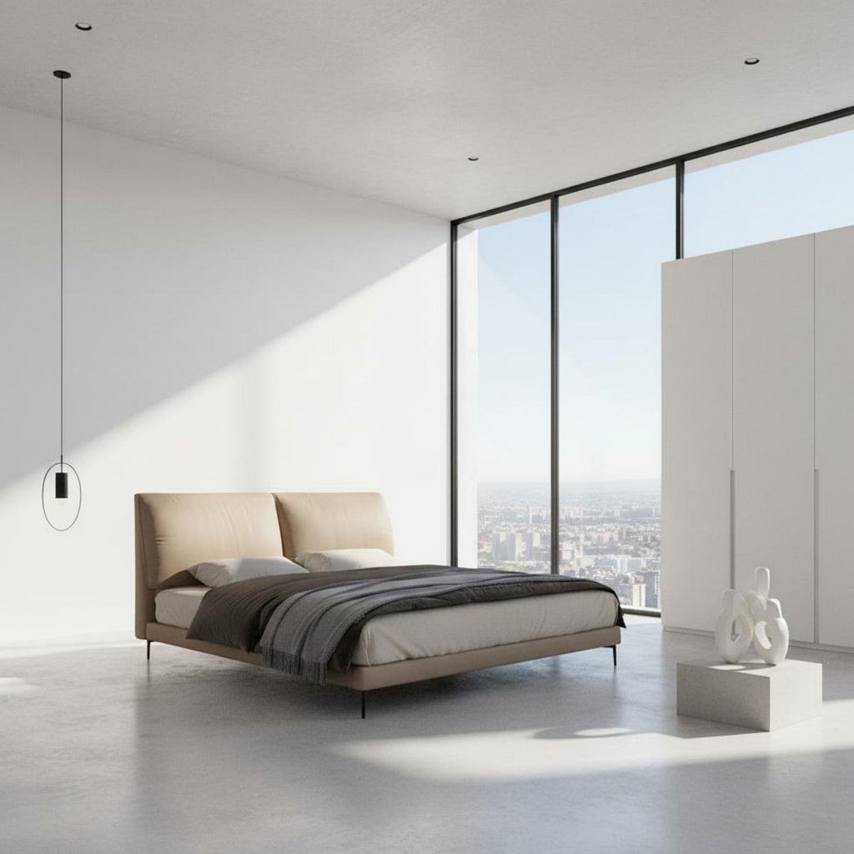 Elephant Ear Headboard Bed Light Luxury Style Modern Minimalist Bed Real Leather Bedroom Furniture for Couples, Guest Room, Apartment