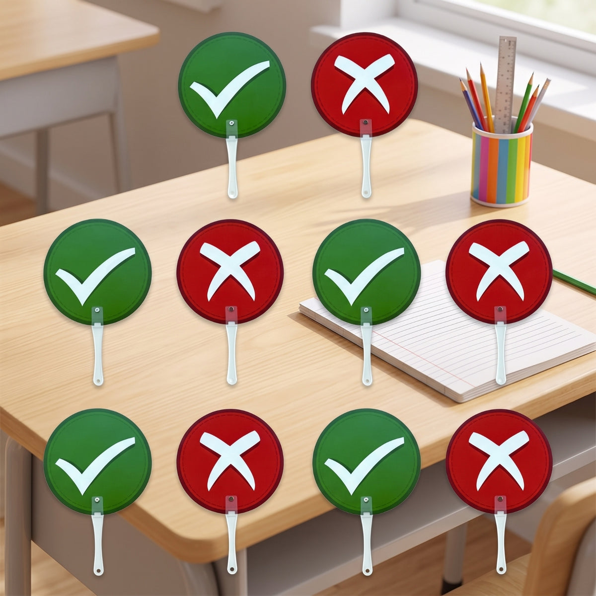 10 Pieces Classroom Hand Sign with Handle Double-Sided Participation Sign Round for Tutors